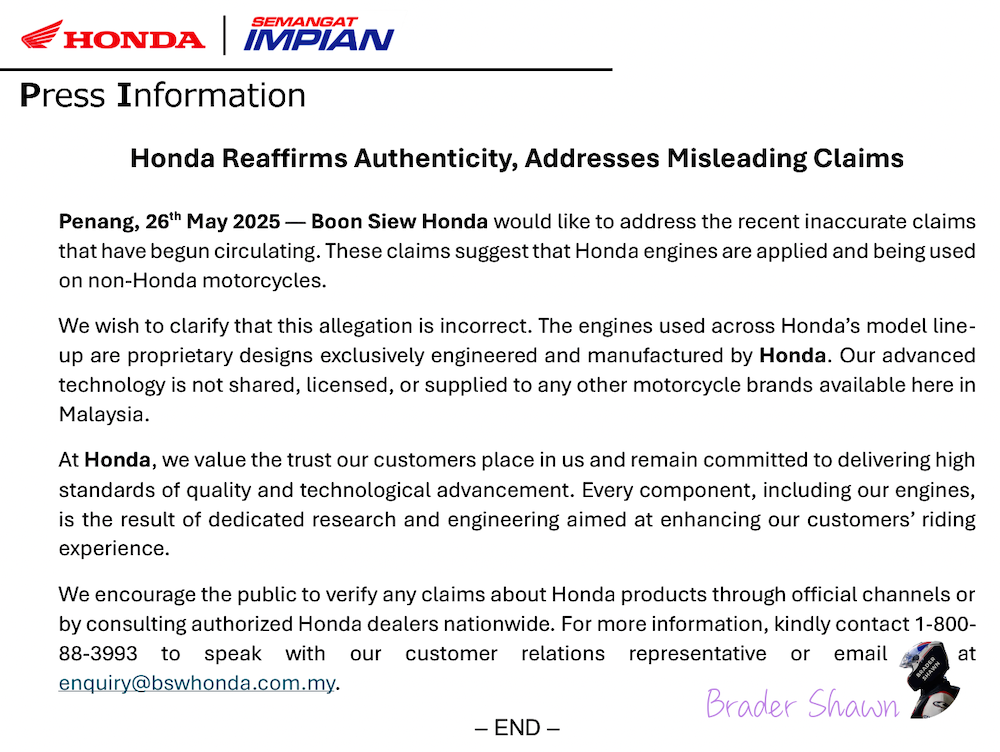 kenyataan Boon Siew Honda mengenai isu enjin Honda mereka kononnya digunakan pihak lain di Malaysia